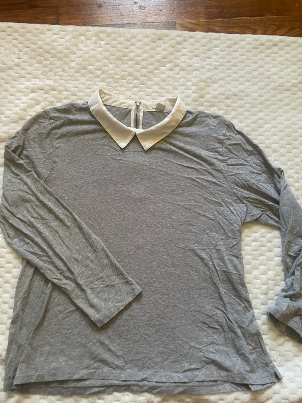 J. Crew Gray Top with White Collar and Gold Zipper
